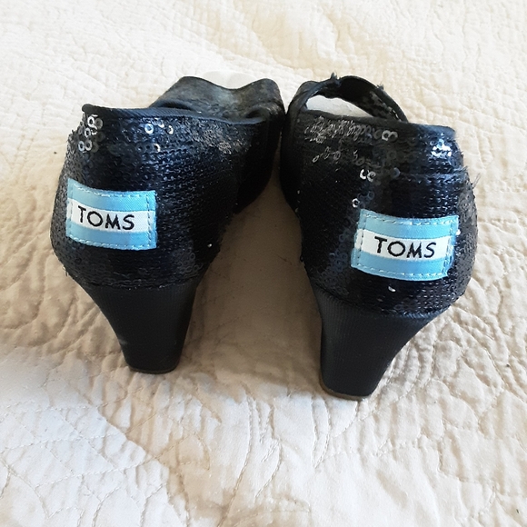 TOMS black open toe sequin covered wedge shoes. - Picture 3 of 5